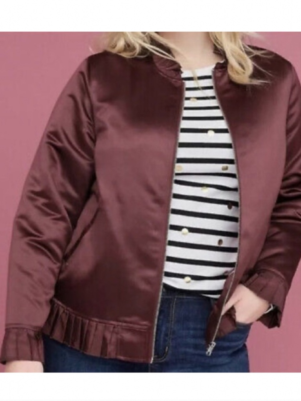 Like New Lane Bryant Maroon Ruffle Satin Bomber Jacket size 18/20